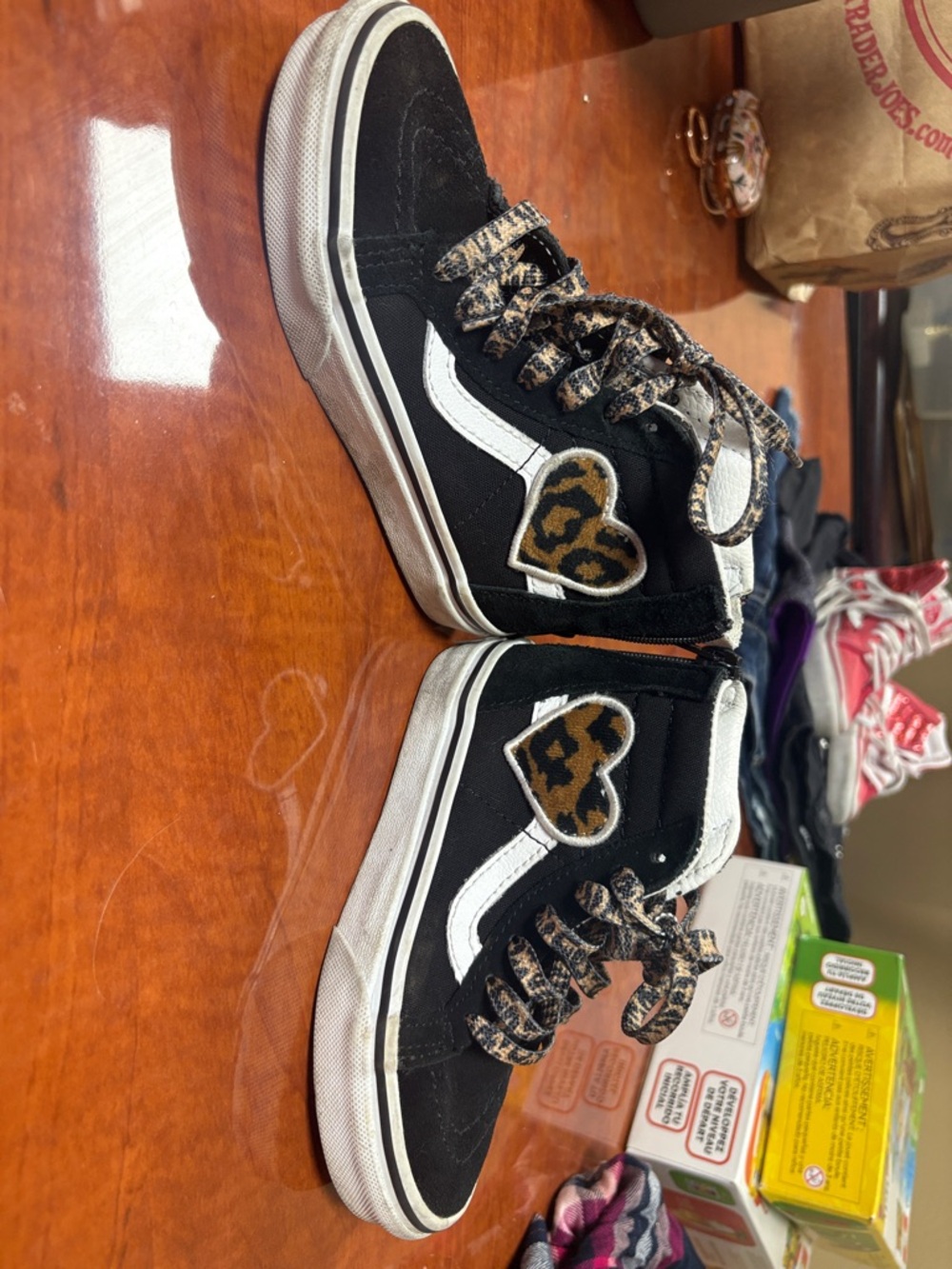 Vans Kids Black High-Top Sneakers with White Stripe and Leopard Heart